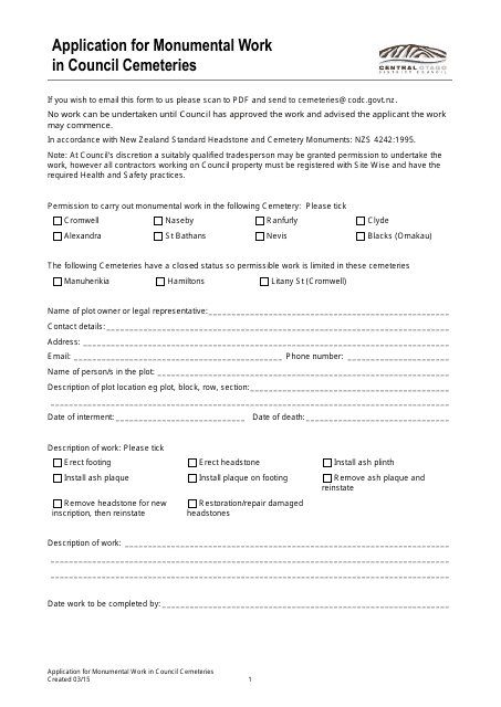 Application for Monumental Work in Council Cemeteries - Otago, New Zealand Download Pdf