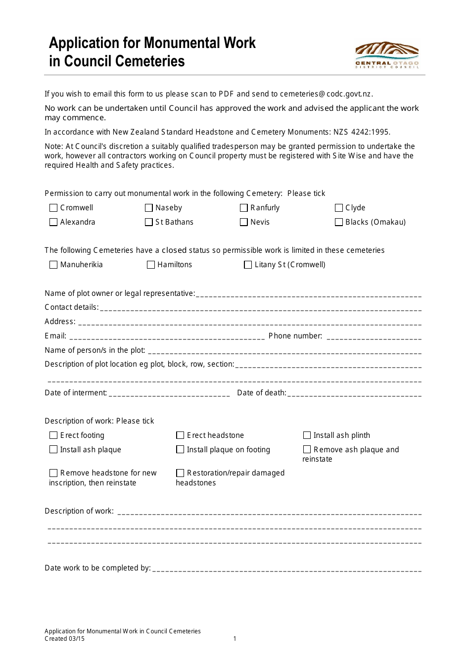 Application for Monumental Work in Council Cemeteries - Otago, New Zealand, Page 1