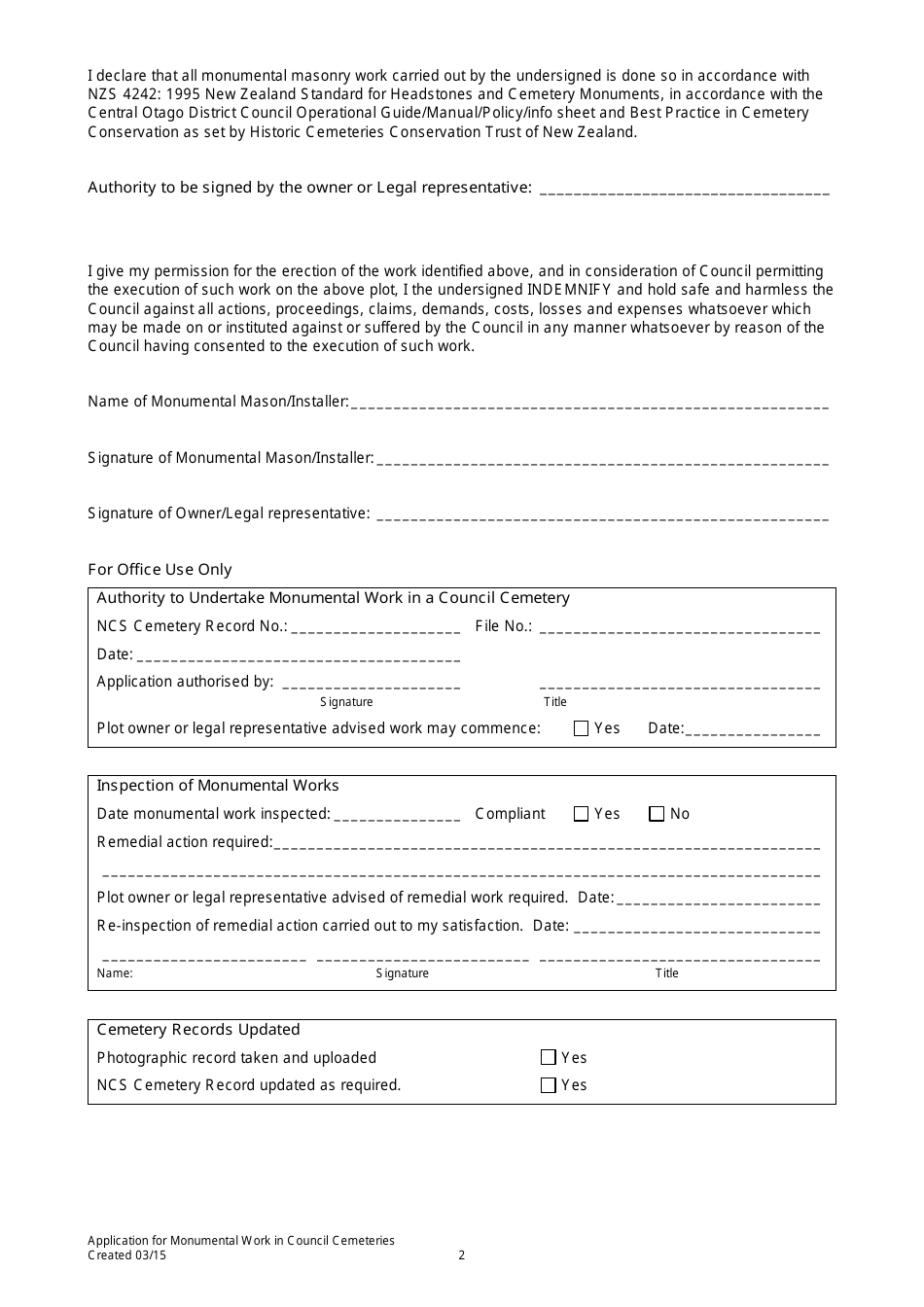 Application for Monumental Work in Council Cemeteries - Otago, New Zealand, Page 2