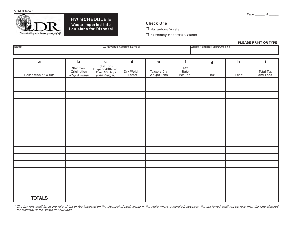 Form R-5215 Schedule E Waste Imported Into Louisiana for Disposal - Louisiana, Page 1