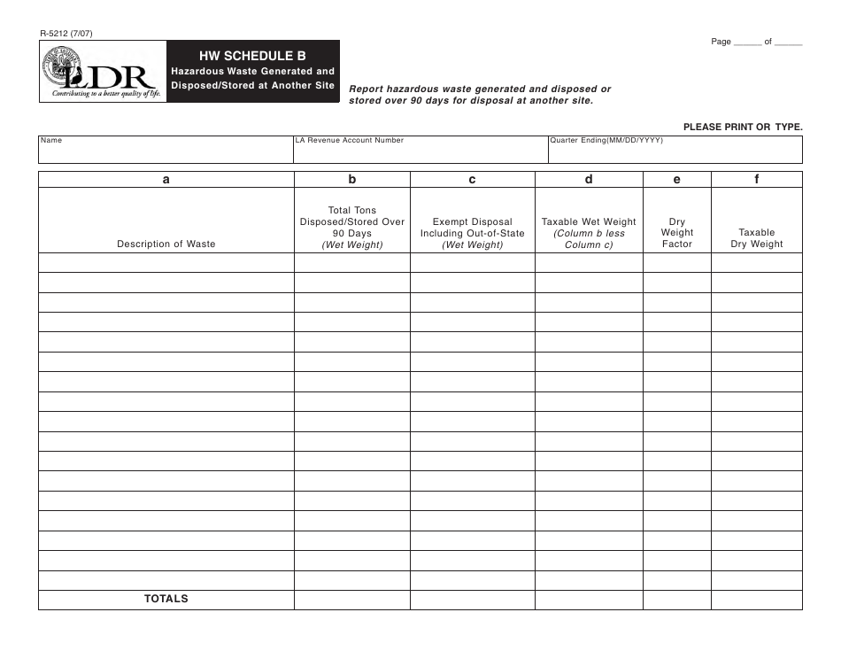 Form R-5212 Schedule B Hazardous Waste Generated and Disposed / Stored at Another Site - Louisiana, Page 1