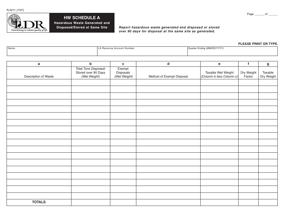 Form R-5211 Schedule A Hazardous Waste Generated and Disposed / Stored at Same Site - Louisiana, Page 1