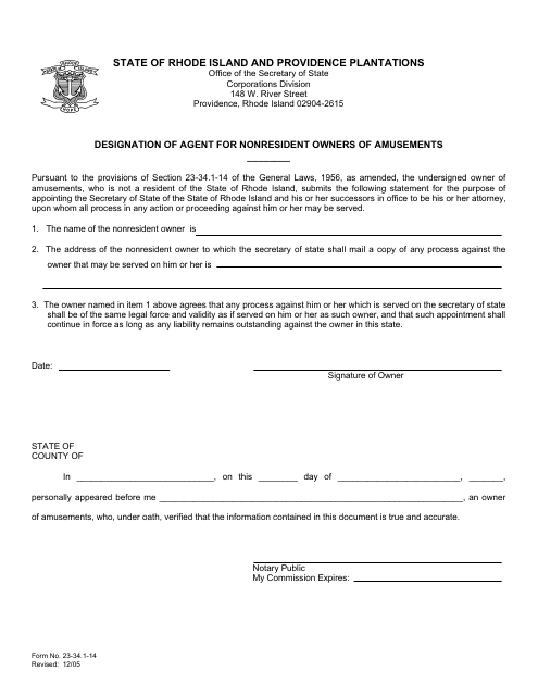 Form 23-34.1-14 Designation of Agent for Nonresident Owners of Amusements - Rhode Island