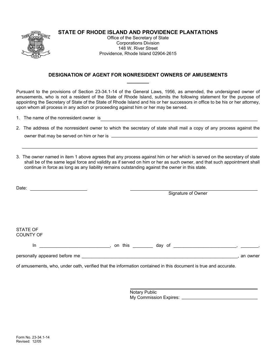 Form 23-34.1-14 Designation of Agent for Nonresident Owners of Amusements - Rhode Island, Page 1