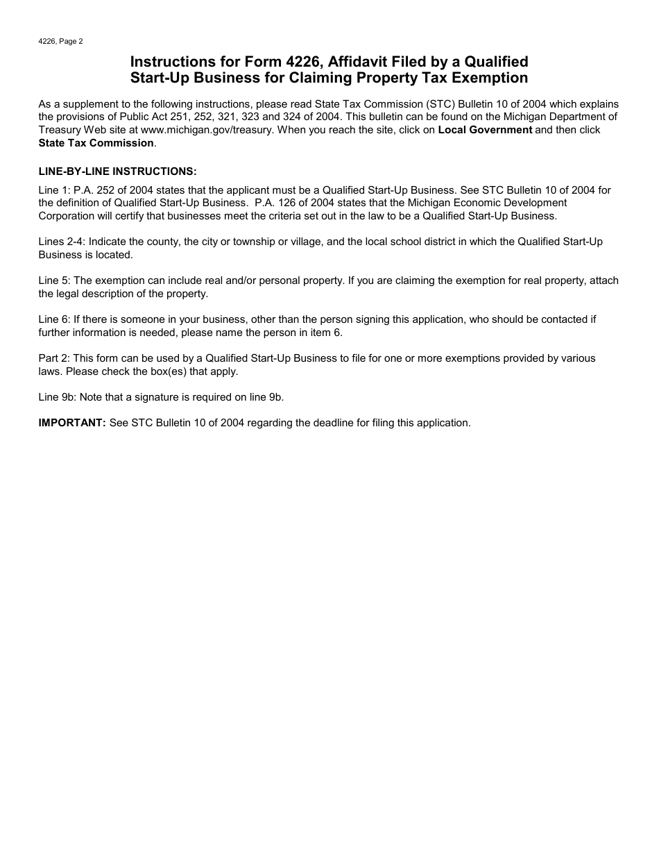 Form 4226 Affidavit Filed by a Qualified Start-Up Business for Claiming Property Tax Exemption - Michigan, Page 2