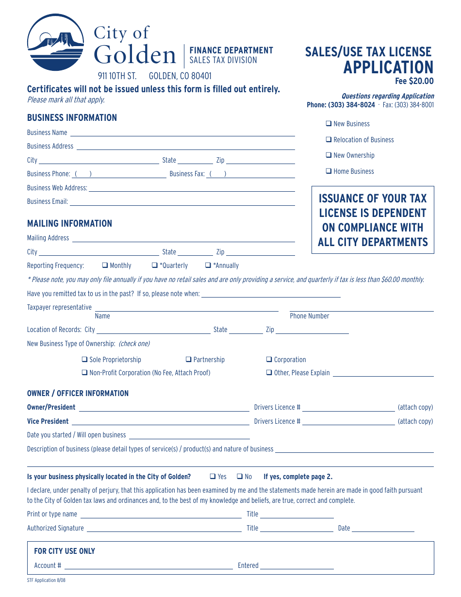 Sales / Use Tax License Application Form - City of Golden, Colorado, Page 1