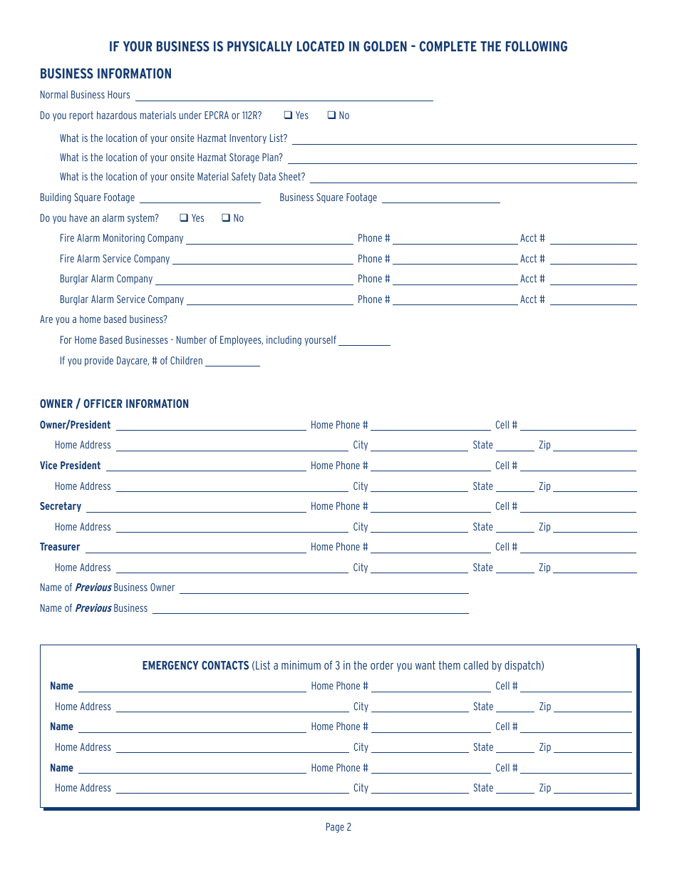 Sales / Use Tax License Application Form - City of Golden, Colorado, Page 2