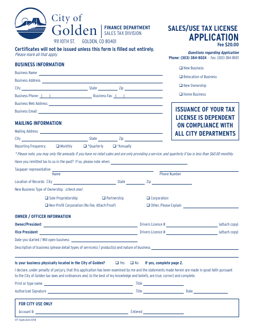 Sales/Use Tax License Application Form - City of Golden, Colorado