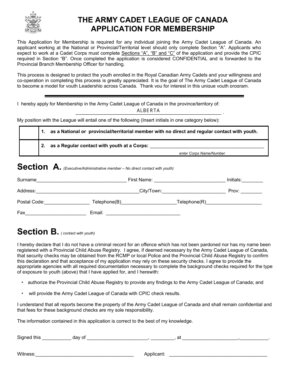 Application for Membership - the Army Cadet League of Canada - Canada