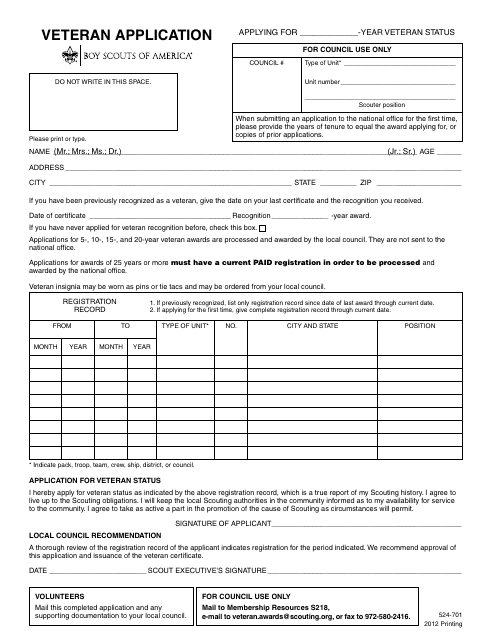 Form 524-701 Veteran Application Form - Boy Scouts of America