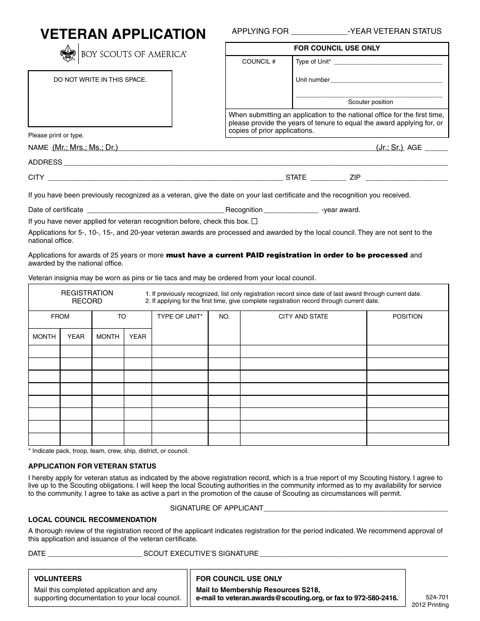 Form 524-701 Veteran Application Form - Boy Scouts of America, Page 1