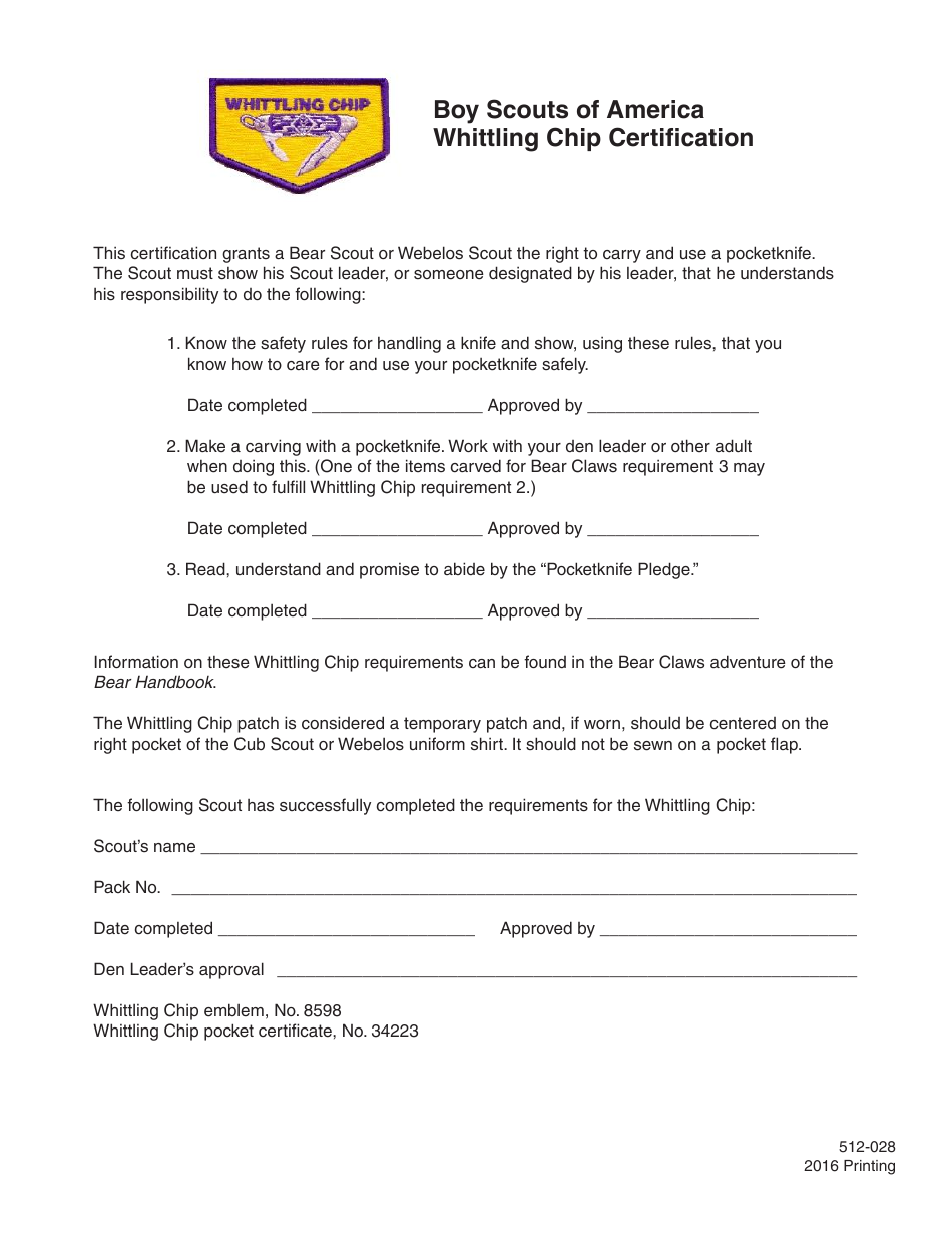 Form 512-028 Whittling Chip Certification - Boy Scouts of America, Page 1