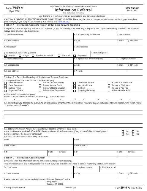 IRS Form 3949-A  Printable Pdf