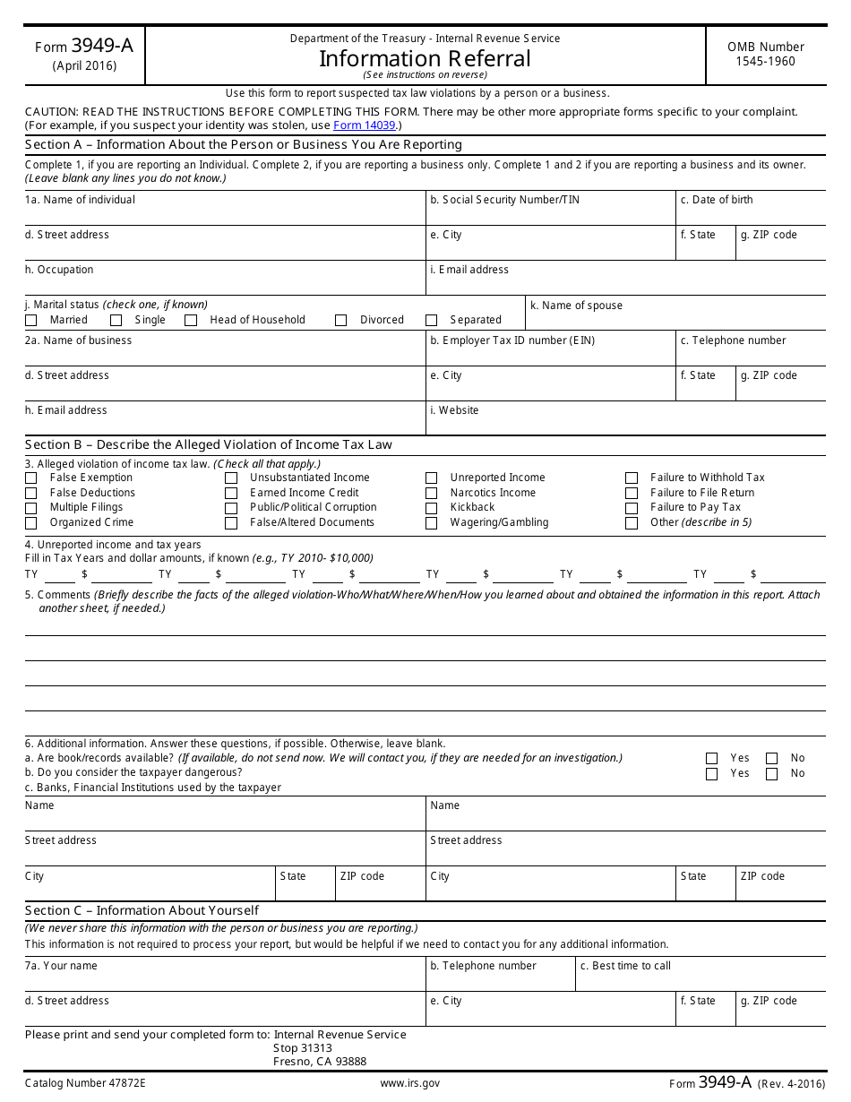 IRS Form 3949-A Information Referral, Page 1