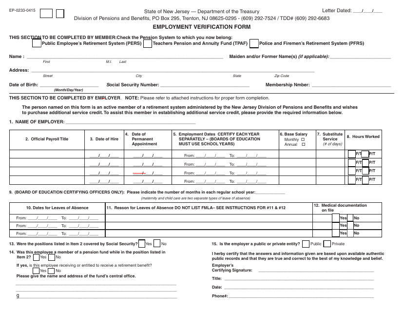 Form EP-0233-0415 Employment Verification Form - New Jersey