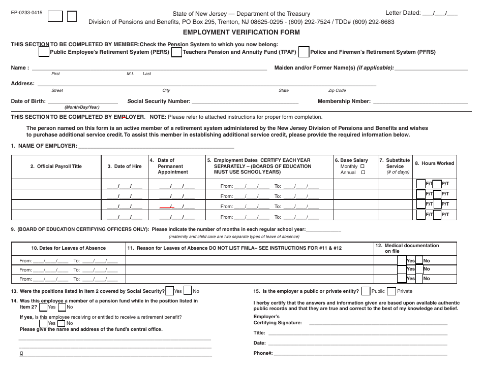 Form EP-0233-0415 Employment Verification Form - New Jersey, Page 1