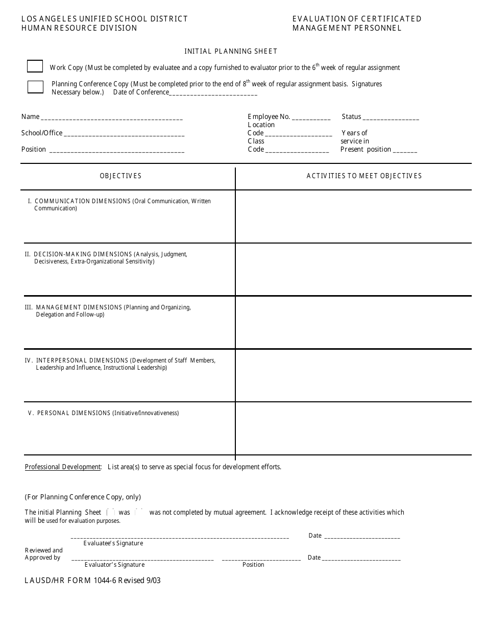 Initial Planning Sheet Template - Los Angeles Unified School District, Page 1