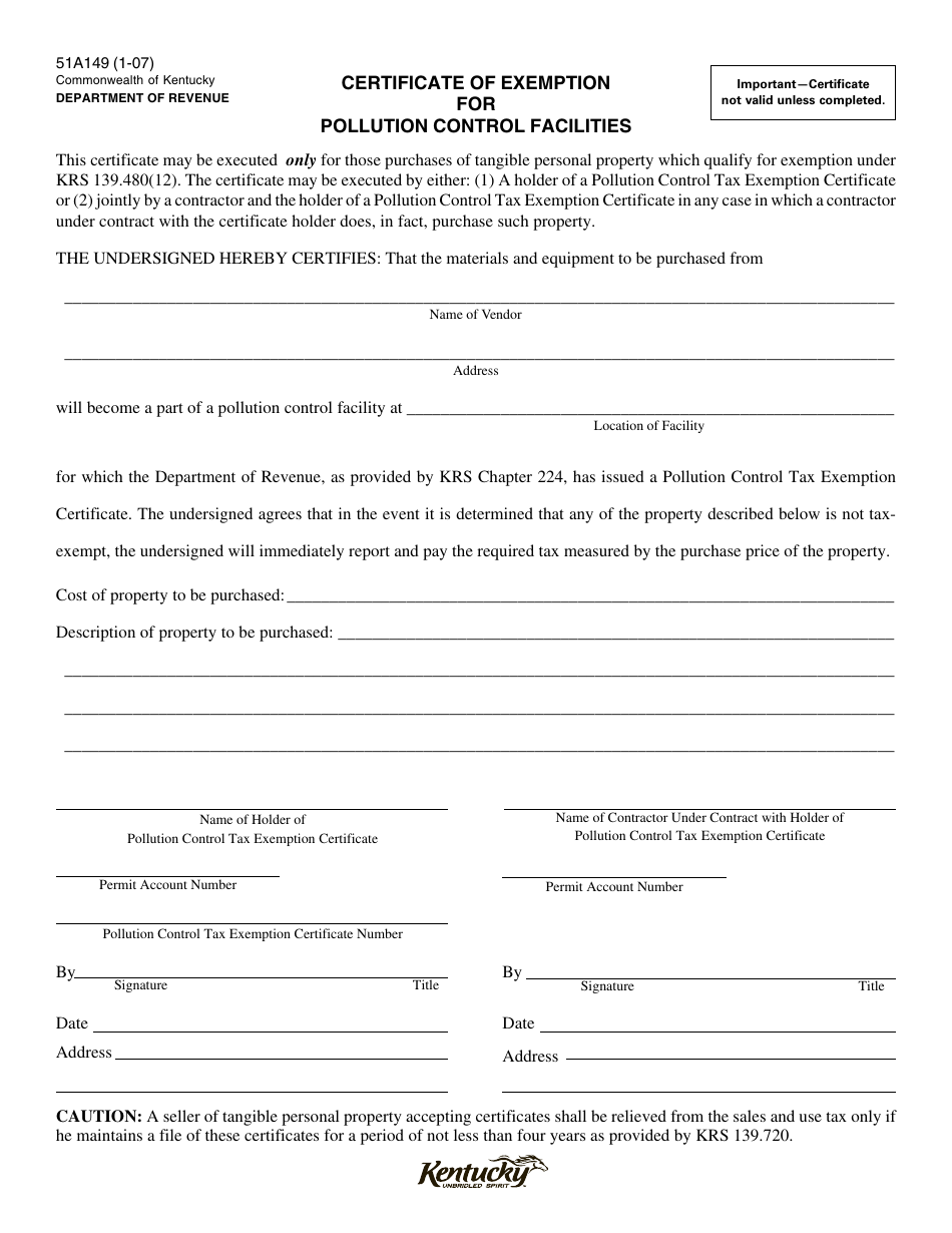 Form 51A149 Certificate of Exemption for Pollution Control Facilities - Kentucky, Page 1