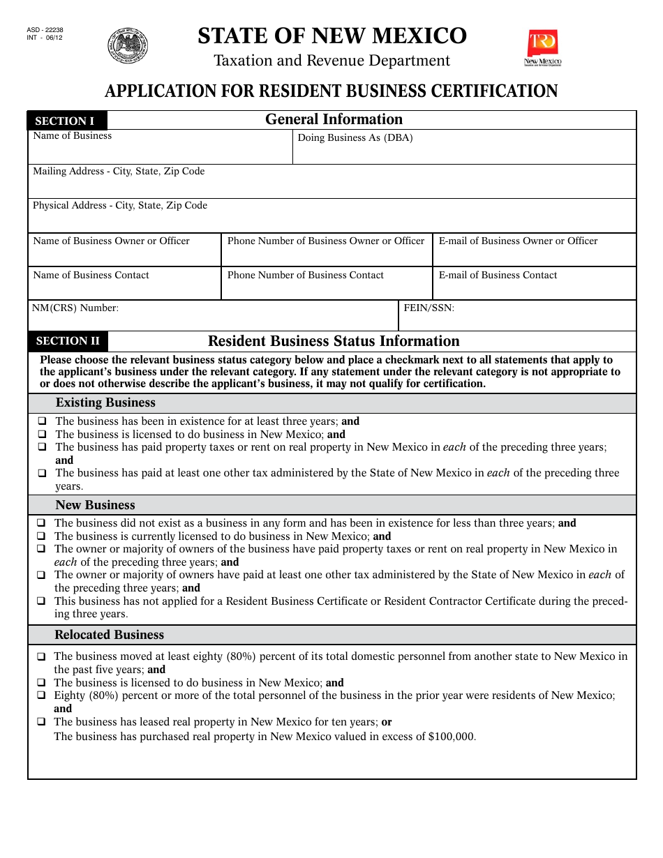Form ASD-22238 Application for Resident Business Certification - New Mexico, Page 1