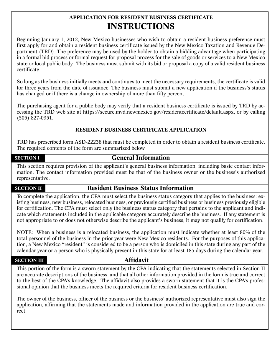 Form ASD-22238 Application for Resident Business Certification - New Mexico, Page 3