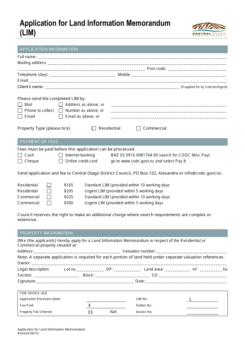 Application for Land Information Memorandum (Lim) - Otago, New Zealand, Page 1