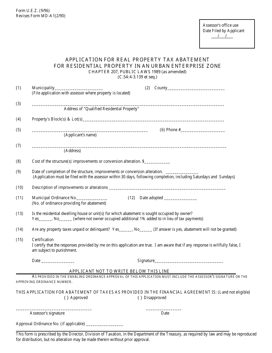Form U.E.Z. Application for Real Property Tax Abatement for Residential Property in an Urban Enterprise Zone - New Jersey, Page 1