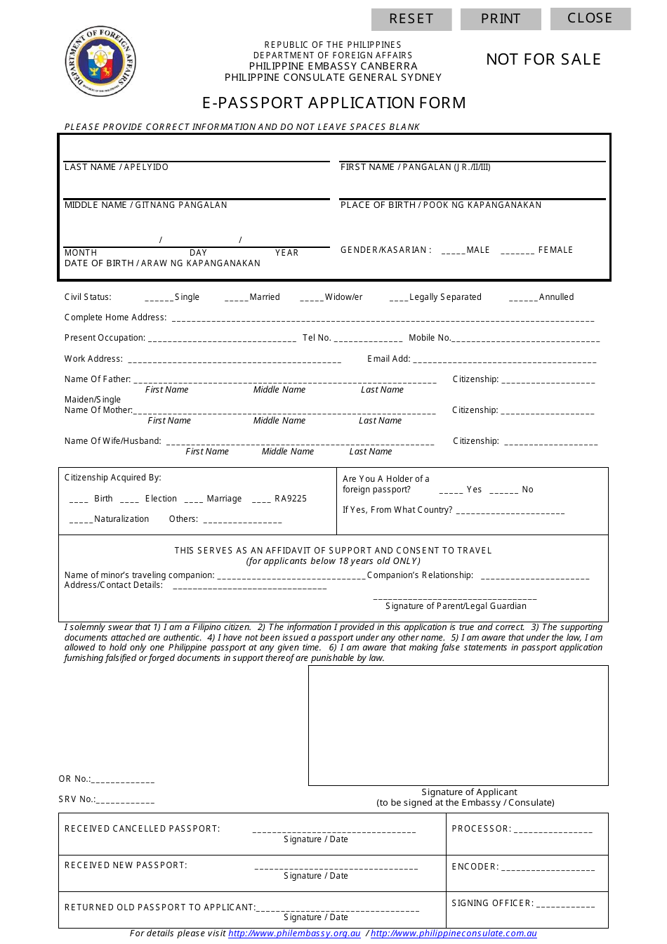 Philippine E-Passport Application Form - Philippine Embassy Canberra / Philippine Consulate General Sydney - Philippines (English / Tagalog), Page 1