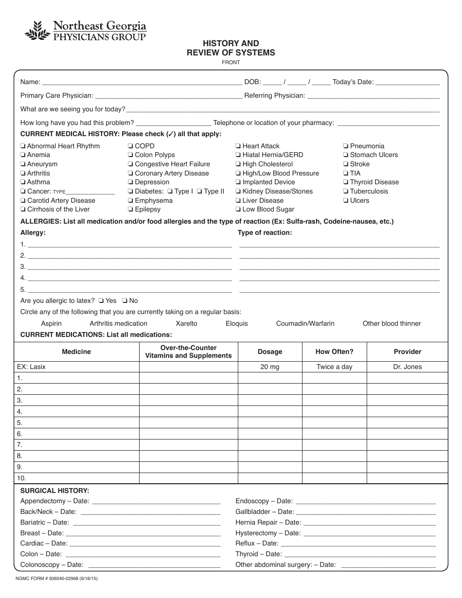 Medical History and Review of Systems Form - Northeast Georgia Physicians Group, Page 1