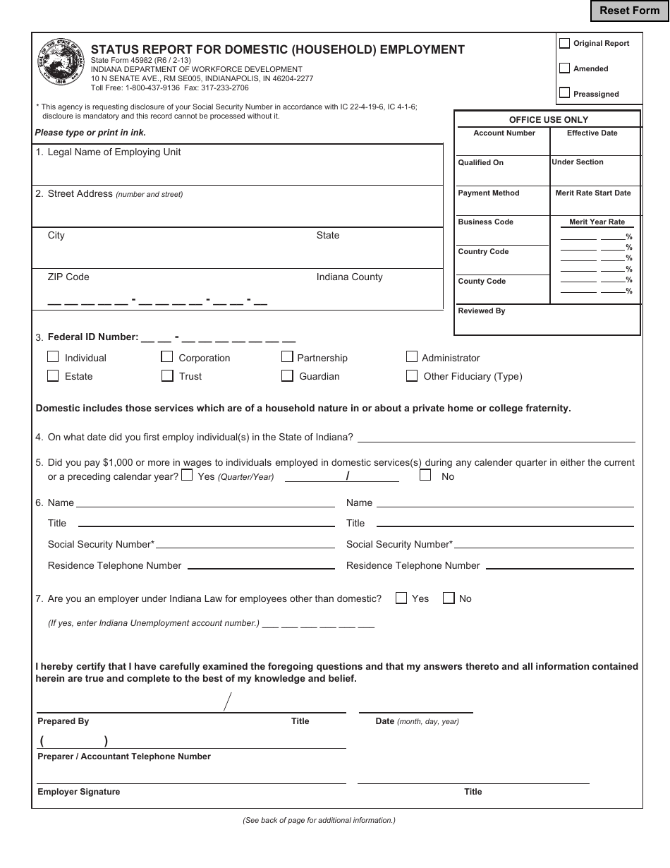 State Form 45982 Status Report for Domestic (Household) Employment - Indiana, Page 1