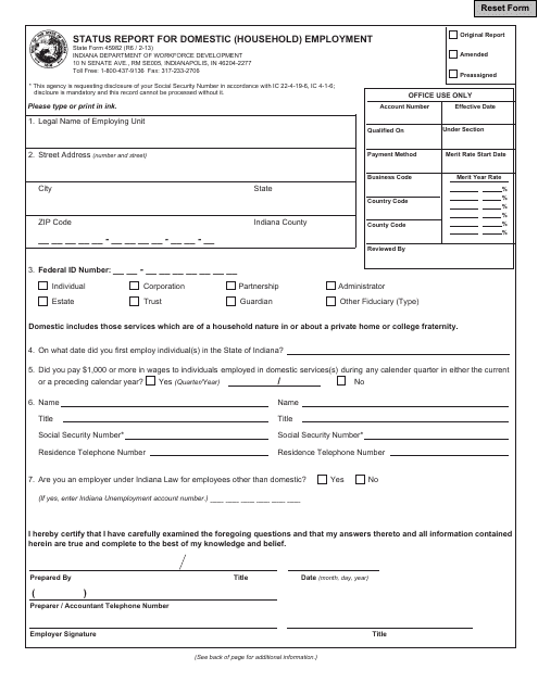 State Form 45982 Status Report for Domestic (Household) Employment - Indiana