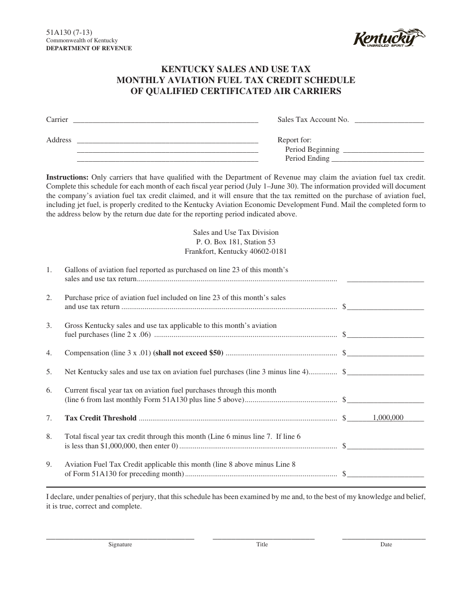 Form 51A130 Monthly Aviation Fuel Tax Credit Schedule of Qualified Certificated Air Carriers - Kentucky, Page 1