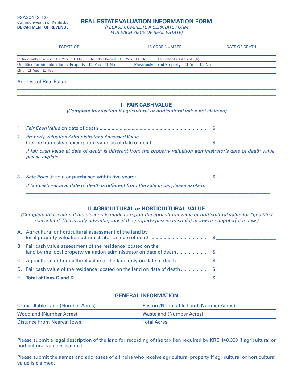 Form 92A204 Real Estate Valuation Information Form - Kentucky, Page 1