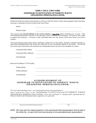Document preview: Form LIC995B Family Child Care Home Addendum to Notification of Parents' Rights (Regarding Removal/Exclusion) State of California - Health and Human Services Agency - California