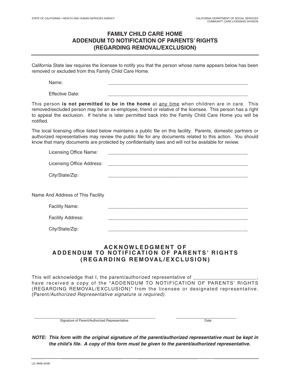 Form LIC995B Family Child Care Home Addendum to Notification of Parents Rights (Regarding Removal / Exclusion) State of California - Health and Human Services Agency - California, Page 1