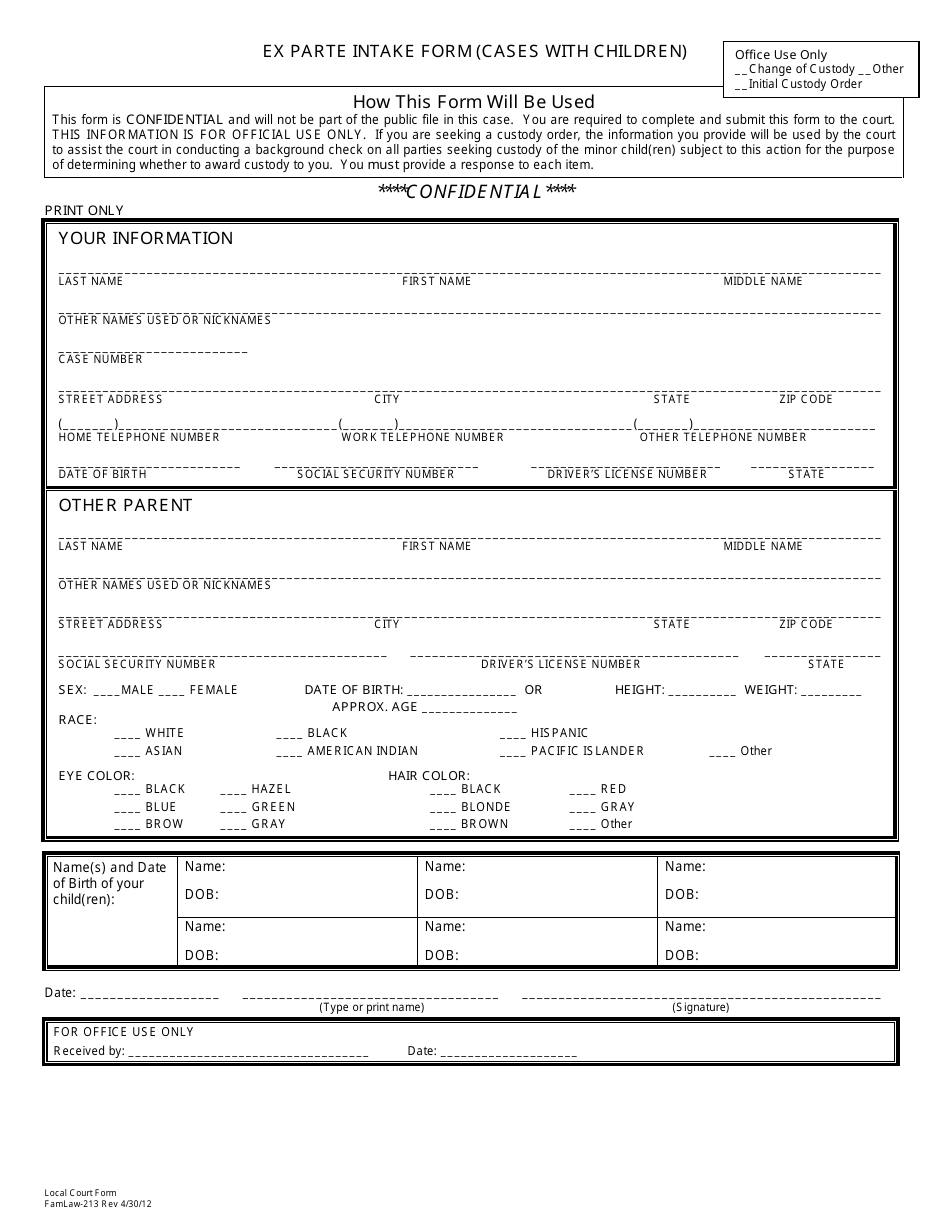 Form FamLaw-213 Ex Parte Intake Form (Cases With Children) - County of Contra Costa, California, Page 1