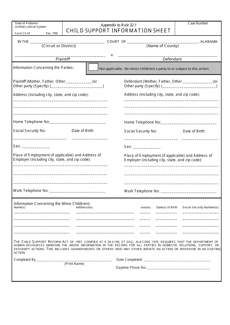 Form CS-47 Child Support Information Sheet - Alabama, Page 1