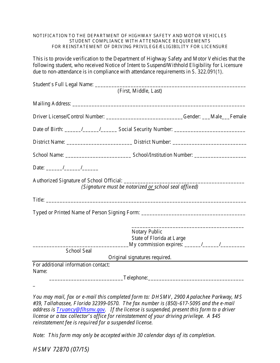 Form HSMV72870 Student Compliance With Attendance Requirements for Reinstatement of Driving Privilege / Eligibility for Licensure - Florida, Page 1