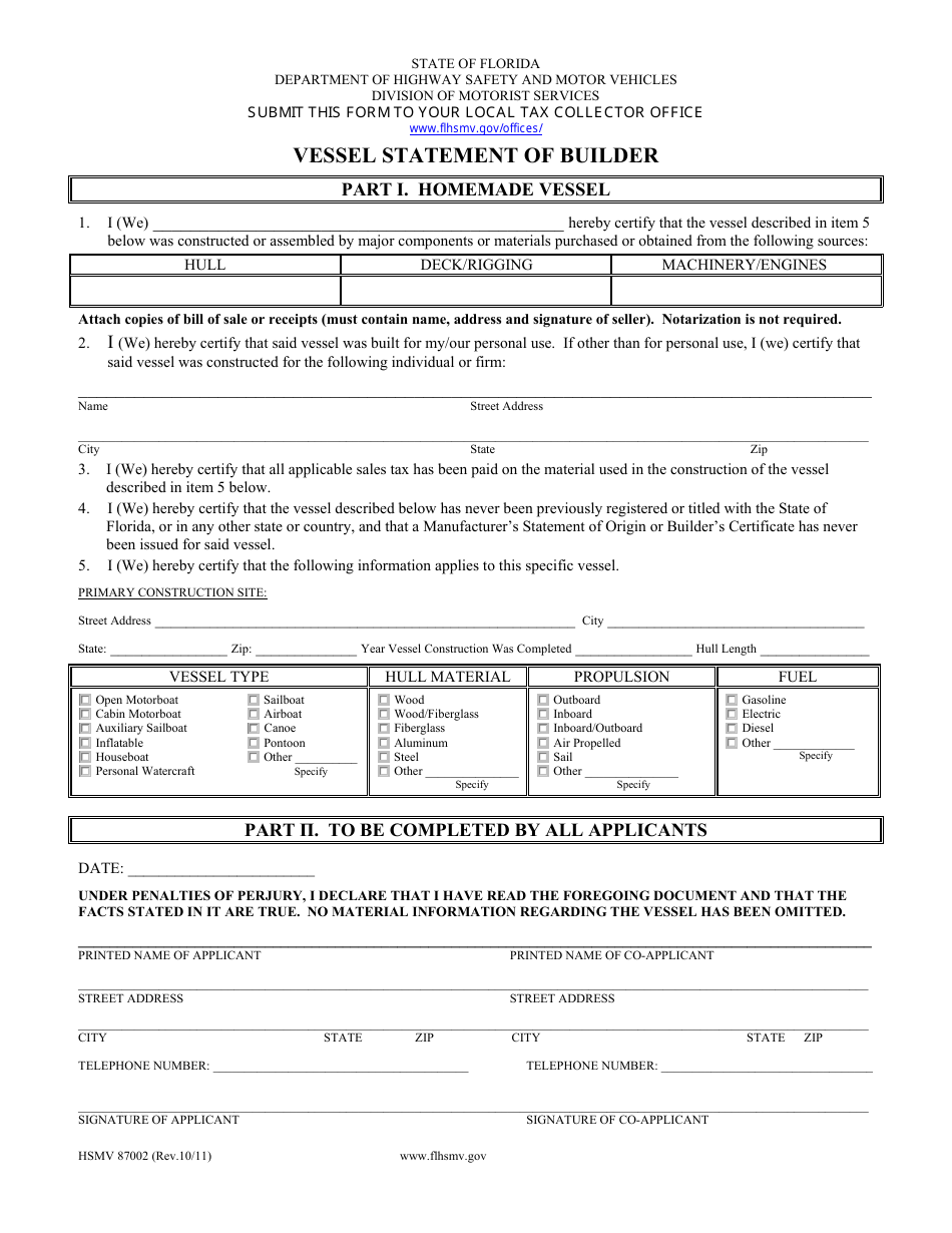 Form HSMV87002 Vessel Statement of Builder - Florida, Page 1