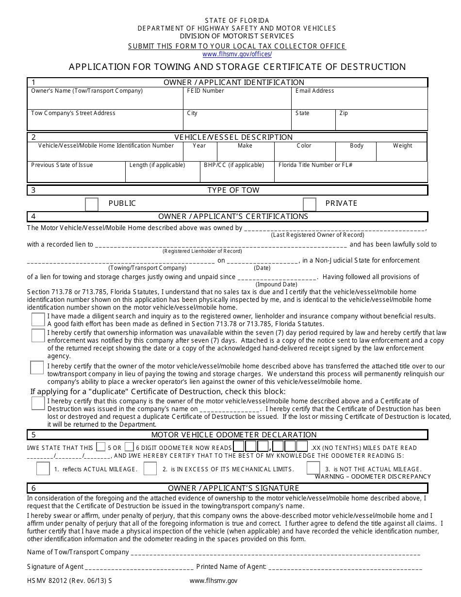Form HSMV82012 Application for Towing and Storage Certificate of Destruction - Florida, Page 1