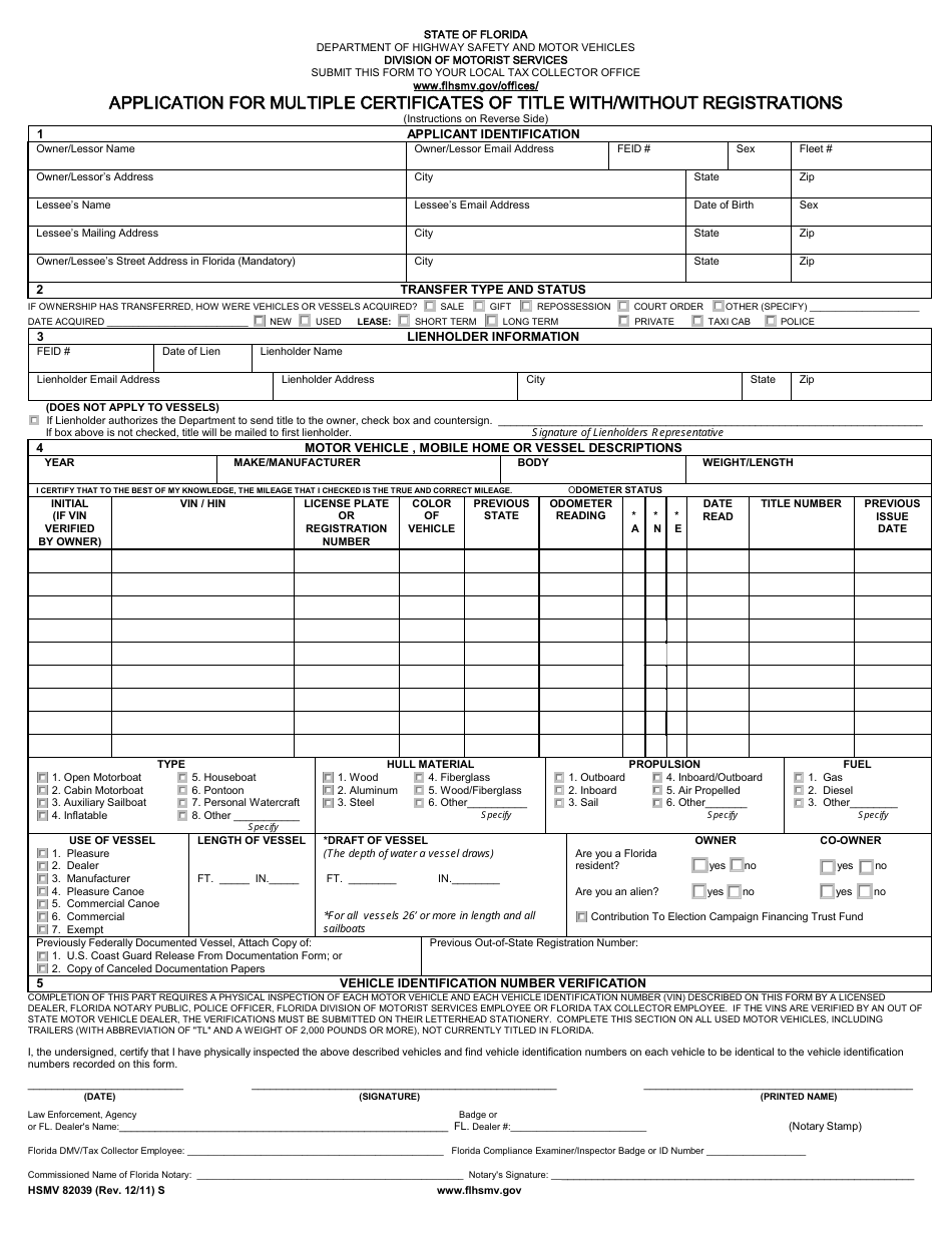 Form HSMV82039 Application for Multiple Certificates of Title With / Without Registrations - Florida, Page 1