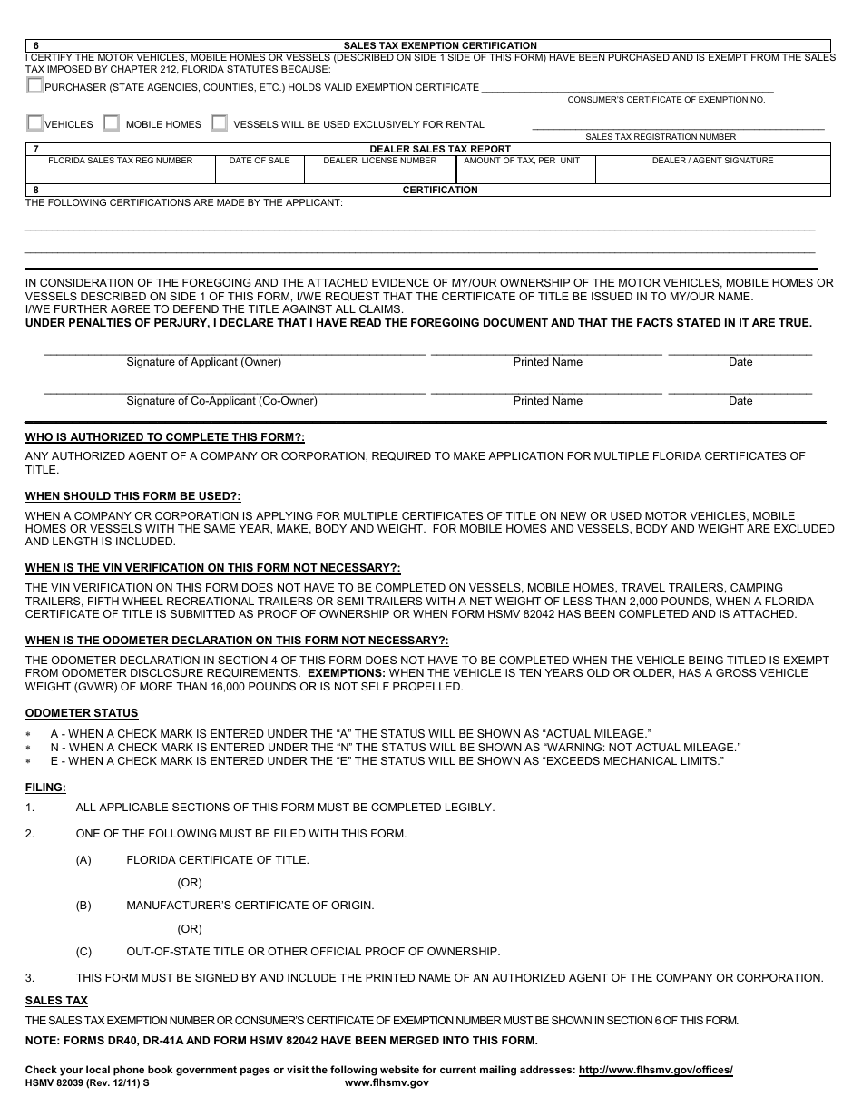 Form HSMV82039 Application for Multiple Certificates of Title With / Without Registrations - Florida, Page 2