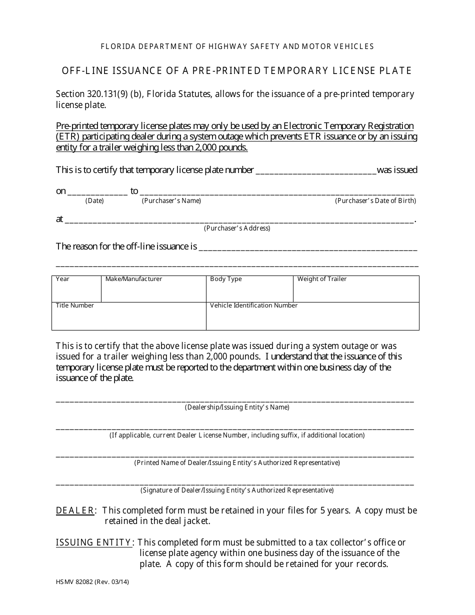 Form HSMV82082 Off-Line Issuance of a Pre-printed Temporary License Plate - Florida, Page 1