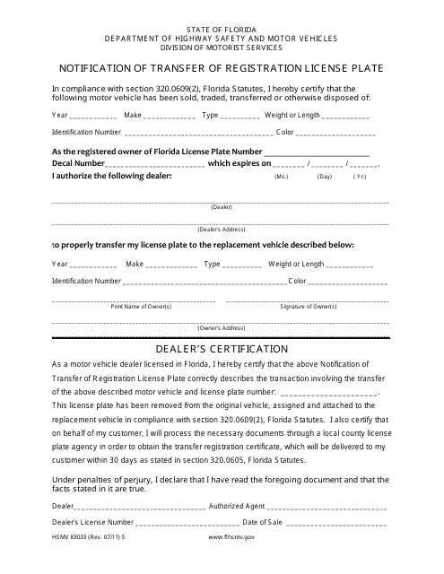 Form HSMV83033 Notification of Transfer of Registration License Plate - Florida