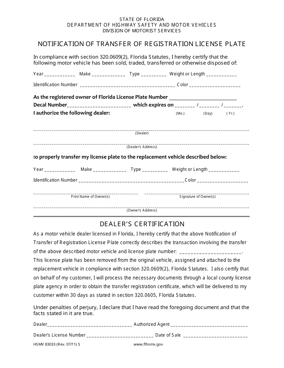 Form HSMV83033 Notification of Transfer of Registration License Plate - Florida, Page 1