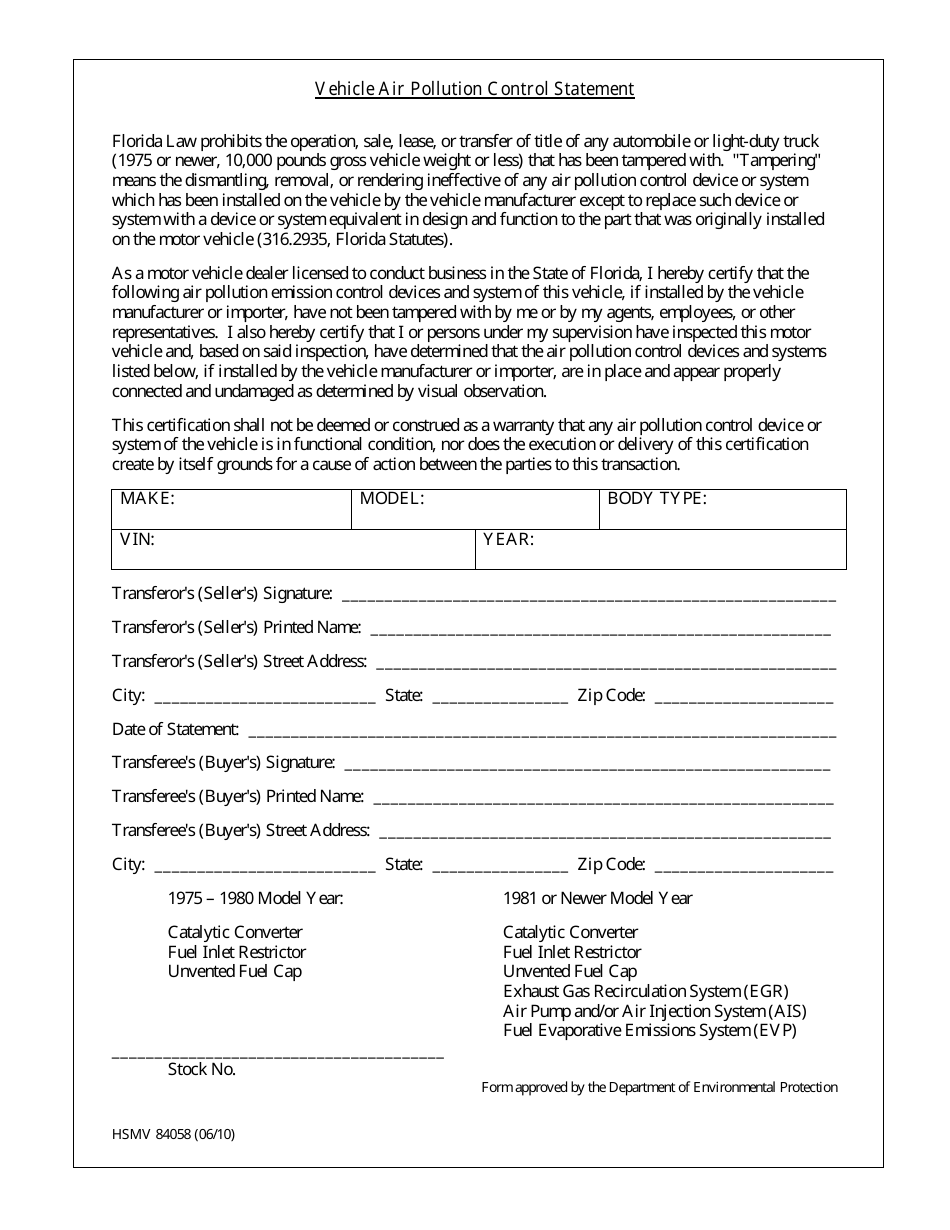Form HSMV84058 Vehicle Air Pollution Control Statement - Florida, Page 1