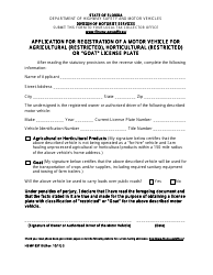 Document preview: Form HSMV83110 Application for Registration of a Motor Vehicle for Agricultural (Restricted), Horticultural (Restricted) or "goat" License Plate - Florida