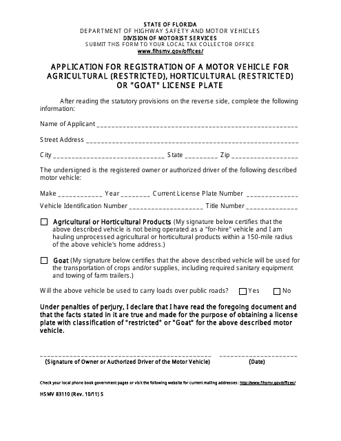 Form HSMV83110 Application for Registration of a Motor Vehicle for Agricultural (Restricted), Horticultural (Restricted) or &quot;goat&quot; License Plate - Florida