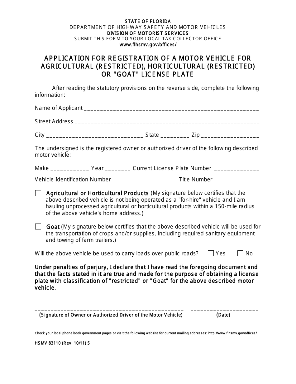 Form HSMV83110 Application for Registration of a Motor Vehicle for Agricultural (Restricted), Horticultural (Restricted) or goat License Plate - Florida, Page 1