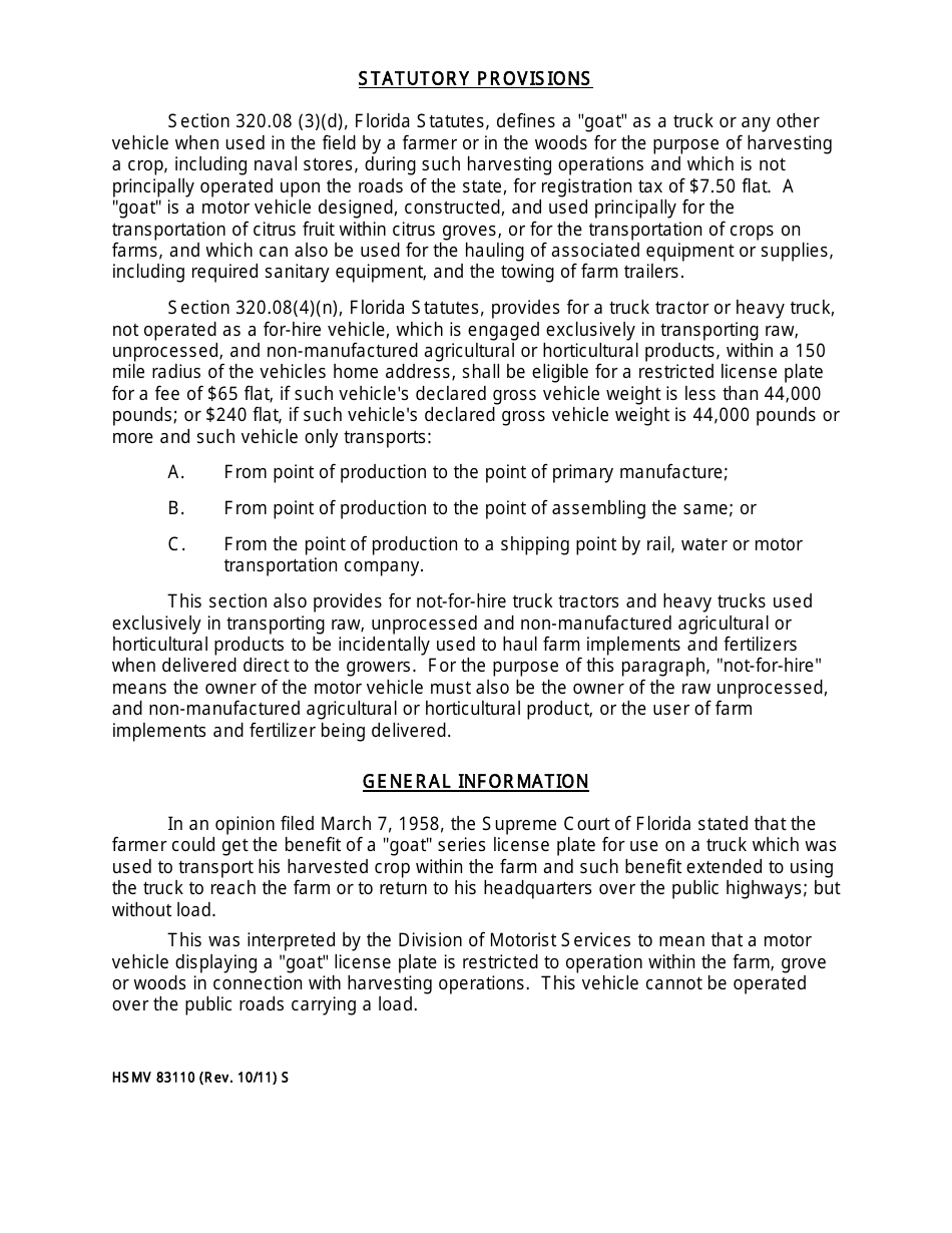 Form HSMV83110 Application for Registration of a Motor Vehicle for Agricultural (Restricted), Horticultural (Restricted) or goat License Plate - Florida, Page 2