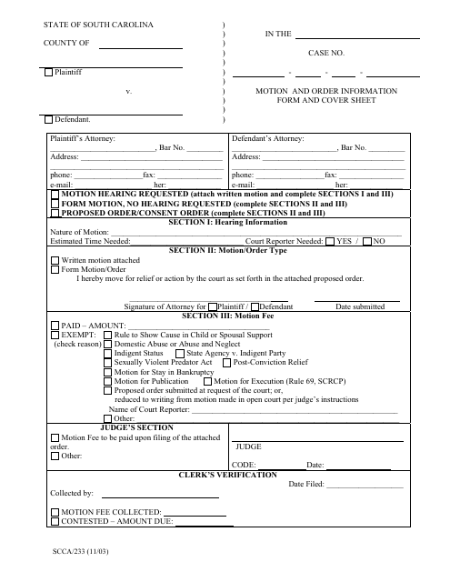 Form SCCA233 Motion and Order Information Form and Cover Sheet - South Carolina